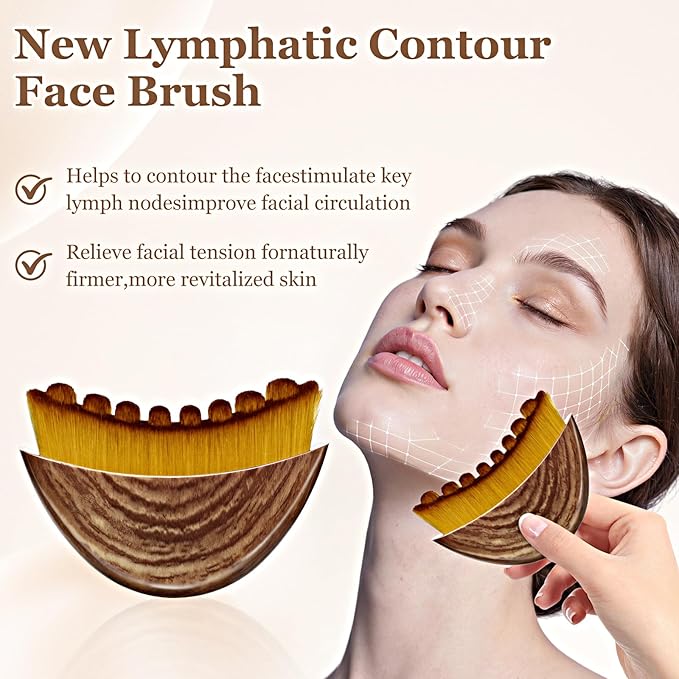 Lymphatic Contour Face Brush - Lymphatic Drainage Makeup Brushes for Sculpting & Lifting, Anti-Puffiness Detox Massage, Boosts Skincare Absorption & Glow, Soft Bristles for All Skin Types(Brown-2 pcs)