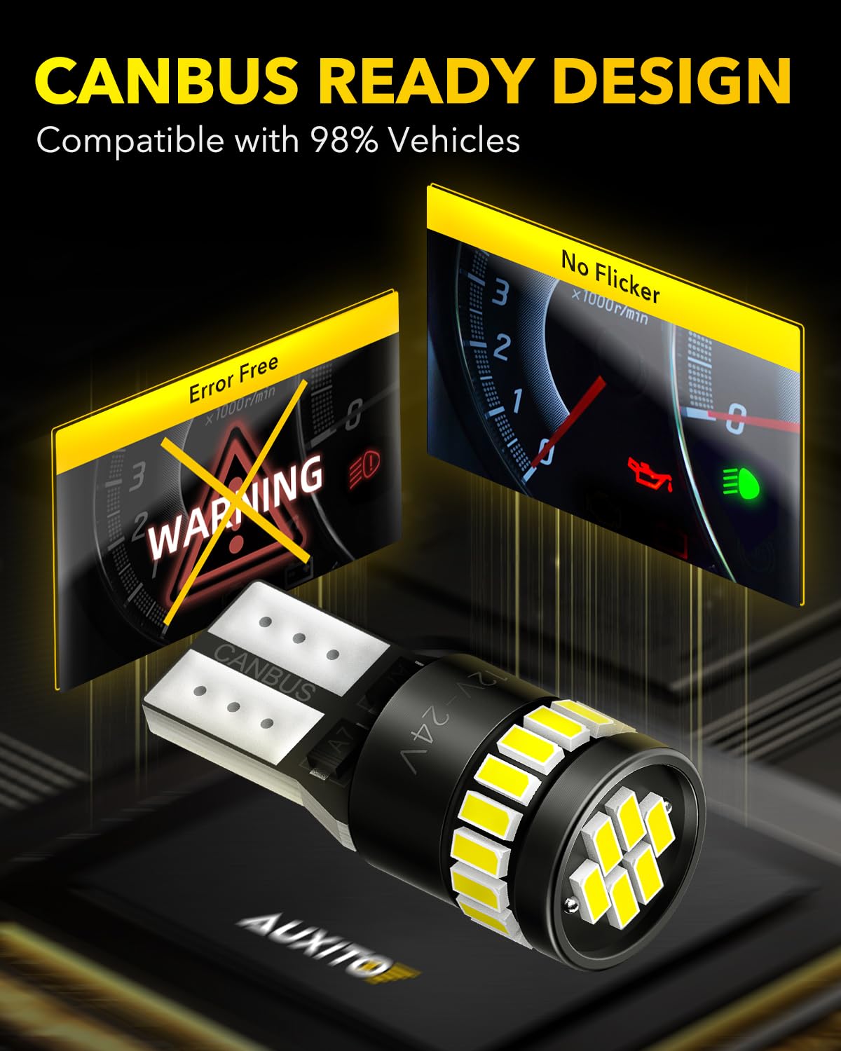 AUXITO 194 LED Light Bulb 6000K White 168 2825 W5W T10 Wedge 24-SMD 3014 Chipsets LED Replacement Light Kit Error Free for Car Interior Dome Map Door License Marker Lights, Pack of 10