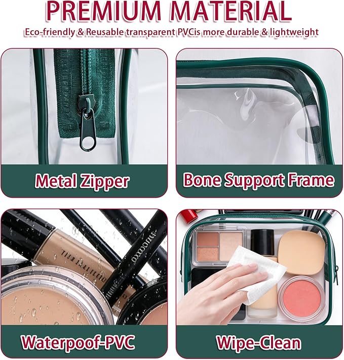 12 Pieces Clear Makeup Bags Bulk, TSA Approved Toiletry Bag PVC Cosmetic Toiletries Pouch with Zipper, Waterproof Vinyl Plastic Organizer Case for Carry-on Travel Essentials (Green Medium)