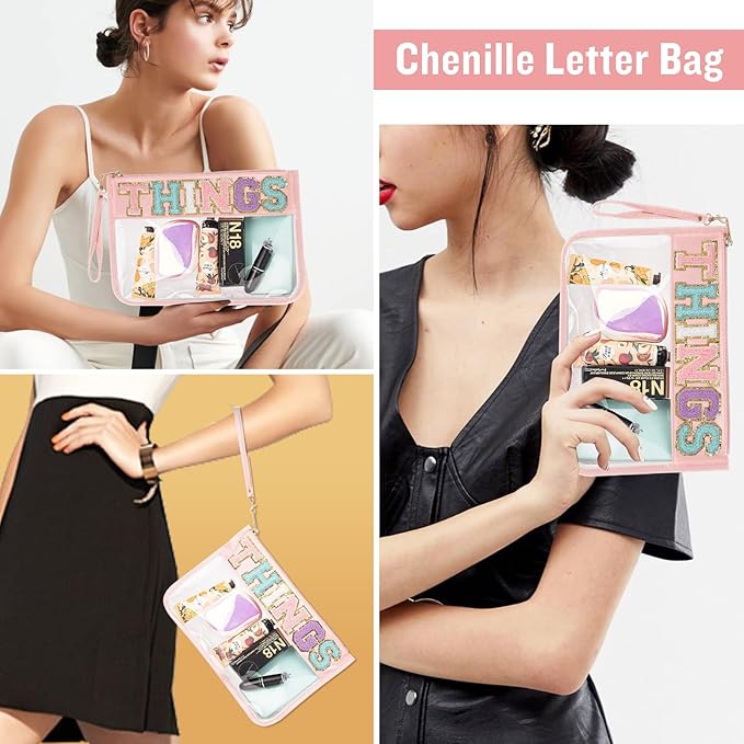 Chenille Letter Clear Bag Things Purse, Monogram PVC & PU Clear Zipper Pouch with Wristlet, Waterproof Portable Glitter Snacks Makeup Beach Pouch Toiletry Bag for Women Girls (THINGS-Pink)