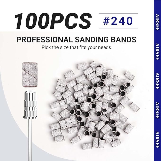 AIRSEE Sanding Bands for Electric Nail Drill 100 Piece Set 240 Grit Fine Acrylic File Attachments Professional 1 Sander Mandrel Bit Beauty Salon Accessories Manicure and Pedicure Finger Callus Zebra