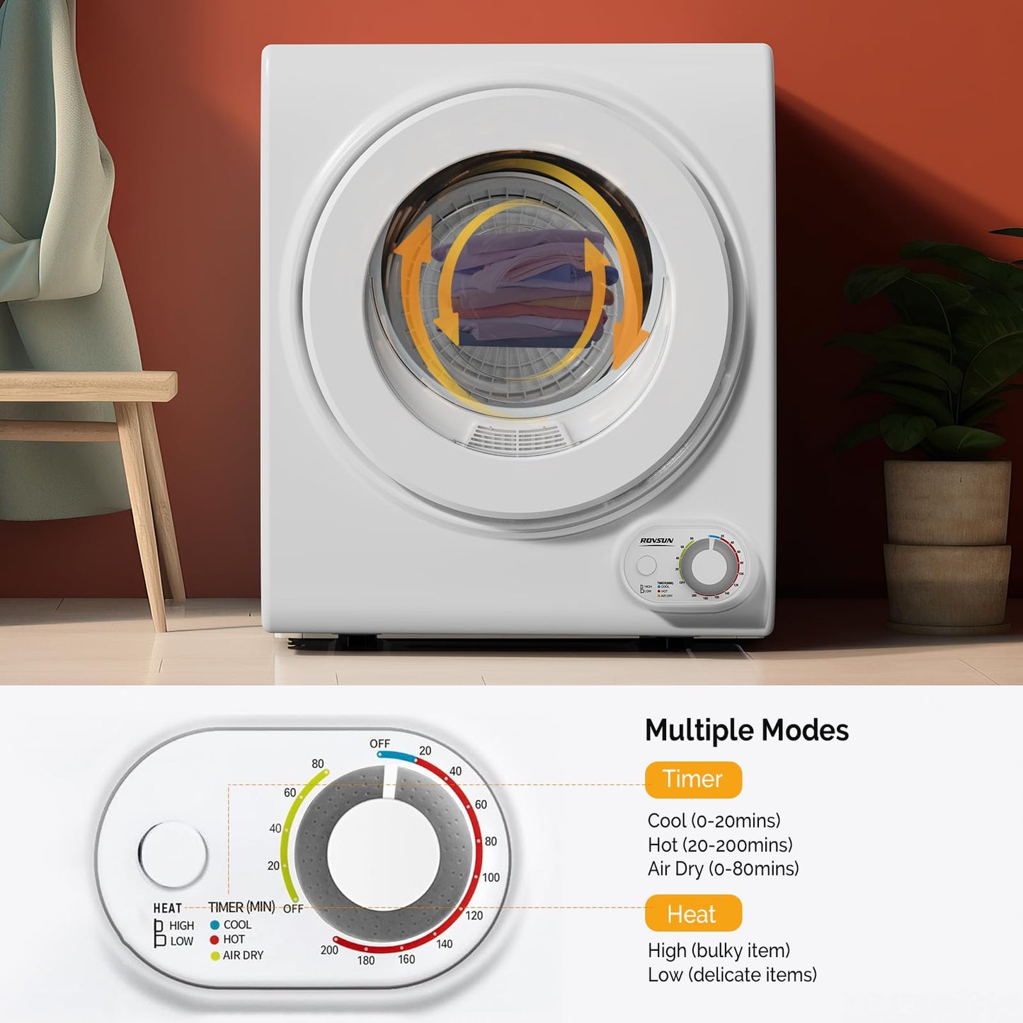 ROVSUN 110V Portable Clothes Dryer, High End Laundry Front Load Tumble Dryer Machine with Stainless Steel Tub & Simple Control Knob for Apartment, Dorm-850W, White