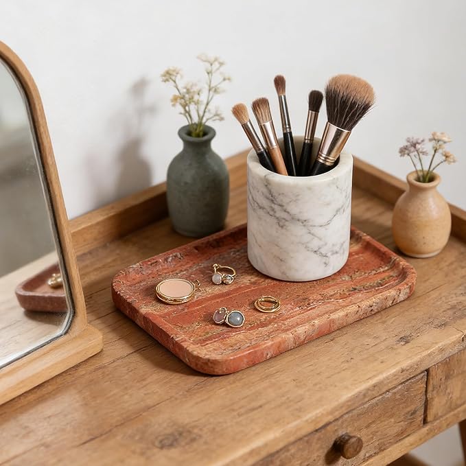 Koville Red Travertine Tray, 12"x8" Natural Stone Vanity Tray for Countertop Bathroom Kitchen Dresser, Decorative Marble Catchall Trays for Perfume Jewelry, Rectangular Serving Tray