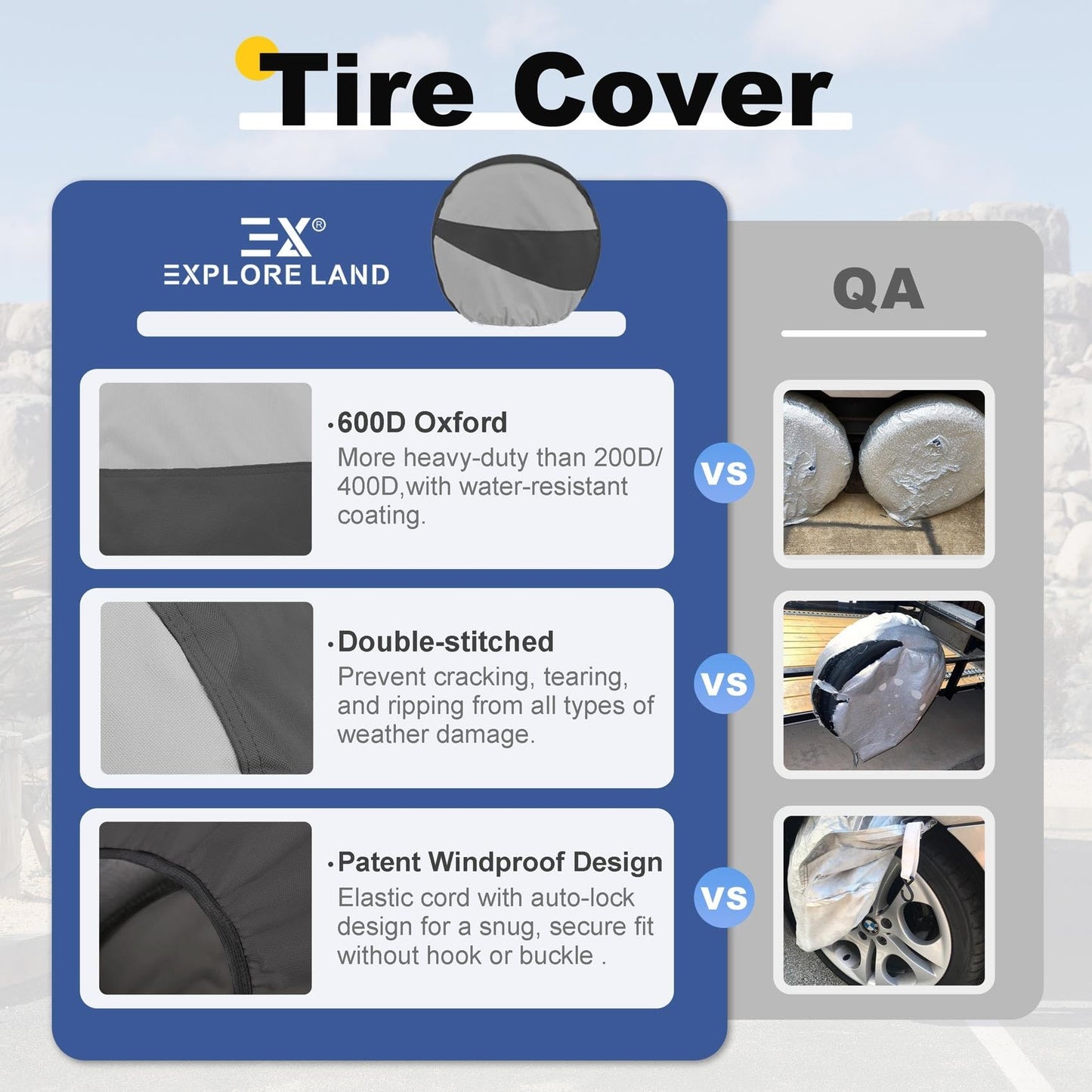 Explore Land Tire Covers 4 Pack - Tough Wheel Protector for Truck, SUV, Trailer, Camper, RV Universal Fits Tire Diameters 26-28.75 inches Black & Gray