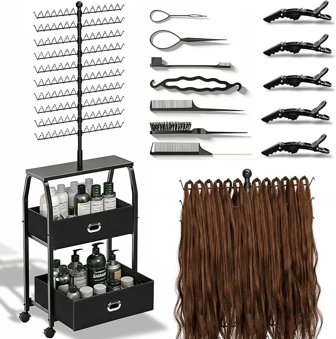 XINTUO Portable Braiding Hair Rack with Wheels & Storage Drawers,280 Pegs Hair Extension Holder Hanger for Braiding Hair Separator Stand Display,Hair Rack with Stylist Hair braiding Tools(Black)