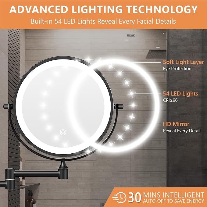 Auxmir 1X/30X Wall Mounted Lighted Makeup Mirror, 8" Rechargeable Double-Sided Magnifying Mirror with Light, Touch Dimmable 3 Color Light, 360° Rotation Foldable Extended Arm, Black