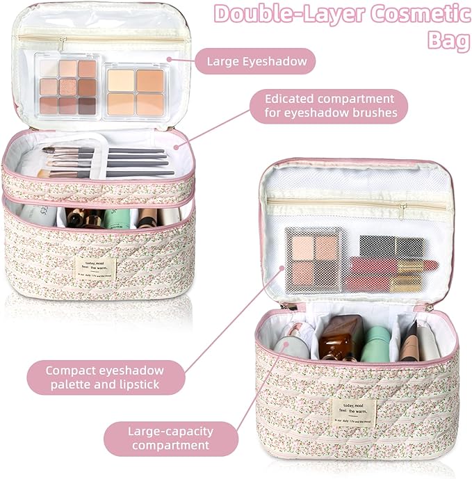 Makeup Bag, Portable Travel Make up Bag, Large Capacity Quilted Cosmetic Organizer Bag, Cute Floral Toiletry Bag for Women Girls (Pink Flower)