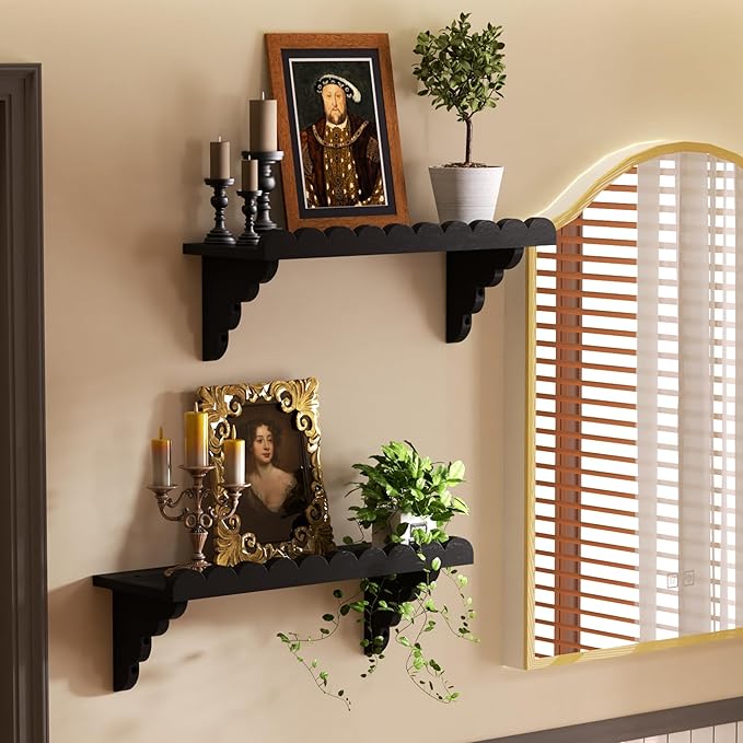 QsQueen Scalloped Wood Wall Shelf Ã¢ÂÂ 17 Inch Floating Shelf with Wood Brackets, Easy to Install Rustic Wall Shelf for Living Room, Bedroom, Bathroom, or Any Space, Black Shelves