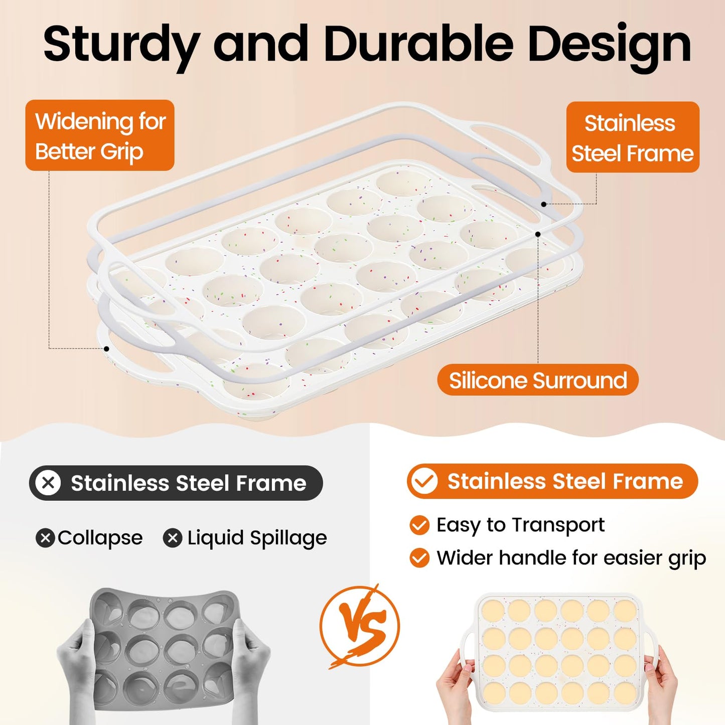 Fimary Muffin Pans With Metal Reinforced Frame - 24 Cups Durable Silicone Baking Pan for Muffins, Cupcakes, BPA Free and Dishwasher Safe - Beige with Rainbow Spots, Set of 2
