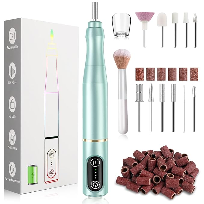 Cordless Nail Drill Electric Rechargeable File Kit, Professional Efile Acrylic Gel Nail Polish Remover Pedicure Manicure Machine Portable Set with 11 Bits 56 Sanding Bands for Salon Mint Green