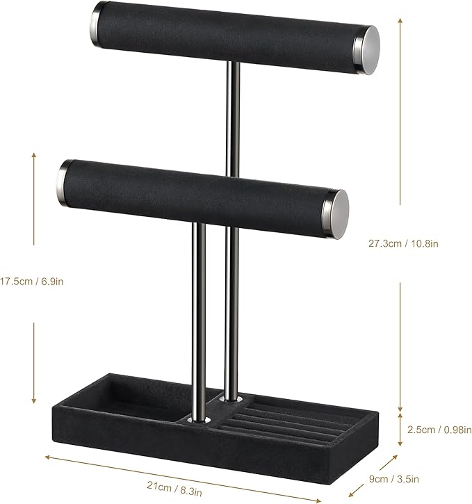 2 Tier Bracelet Holder Display - Detachable T Bar Black Velvet Bracelet Holder, Jewelry Holder Organizer for Bracelet, Necklace, Earrings, Rings