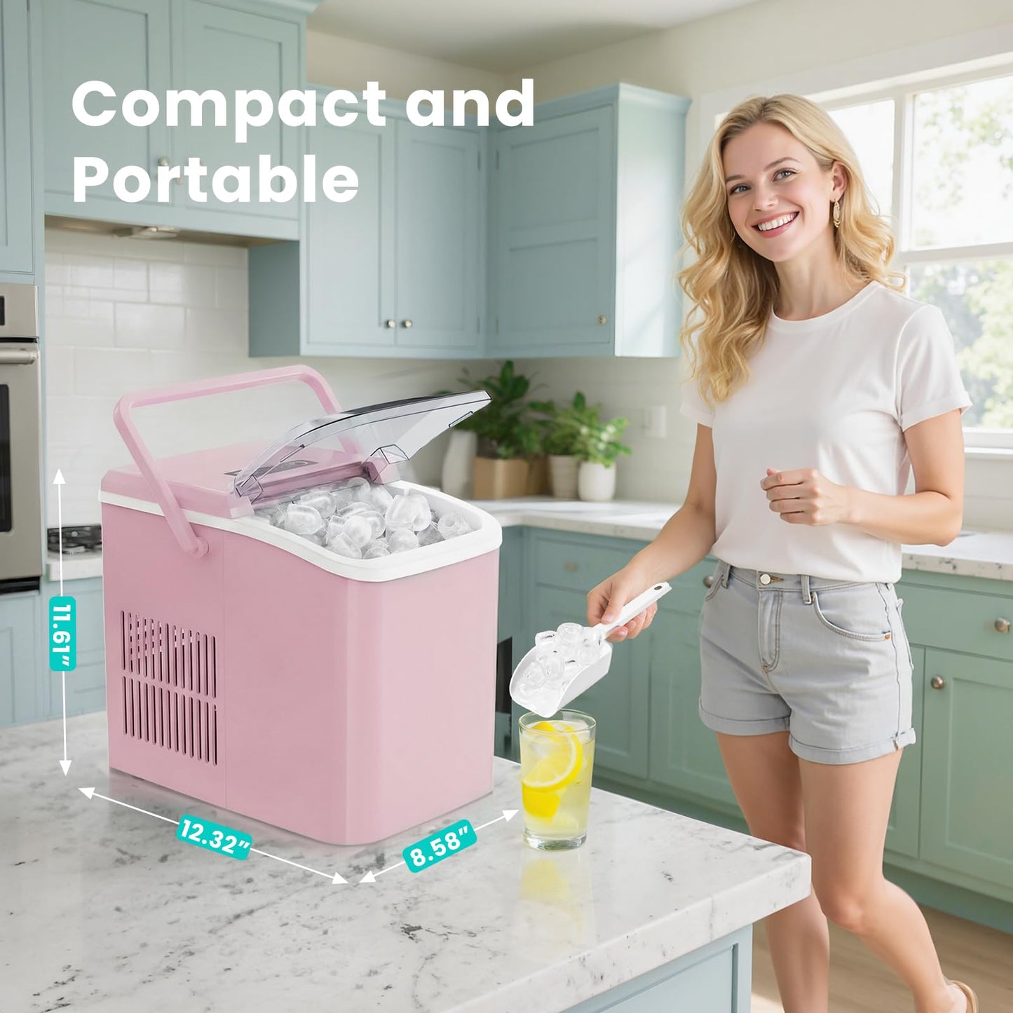 OLIXIS Ice Maker Machine with Handle,26lbs in 24Hrs,9 Ice Cubes in 6 Mins,Auto-Cleaning Portable Ice Maker with Basket and Scoop, Countertop Ice Maker for Home, Kitchen, Camping, RV - Pink