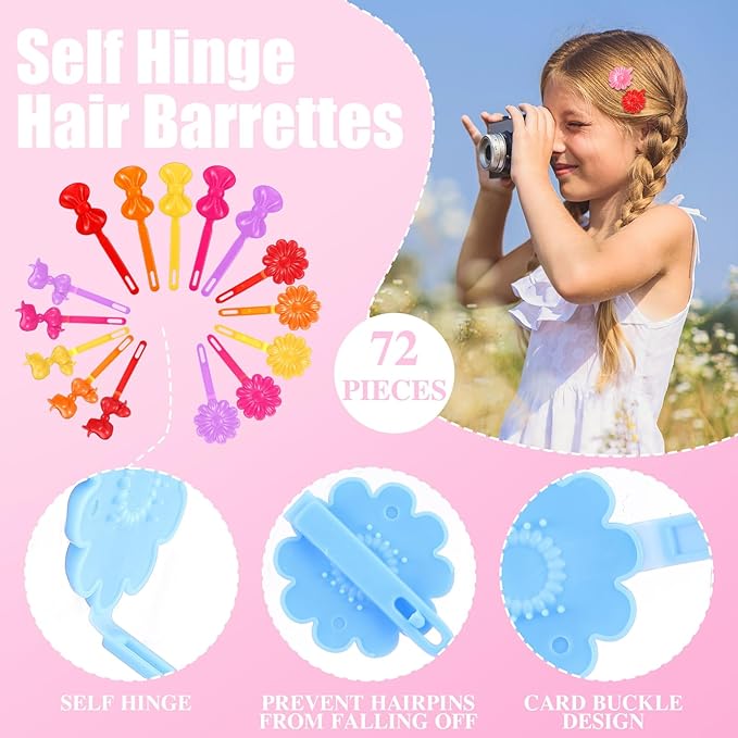 Janinka 72 Pcs Self-Hinge Plastic Hair Clips: 80s 90s Cartoon Colorful Cute Barrettes and Pins for Toddler Girls (Classic,Vibrant Color)