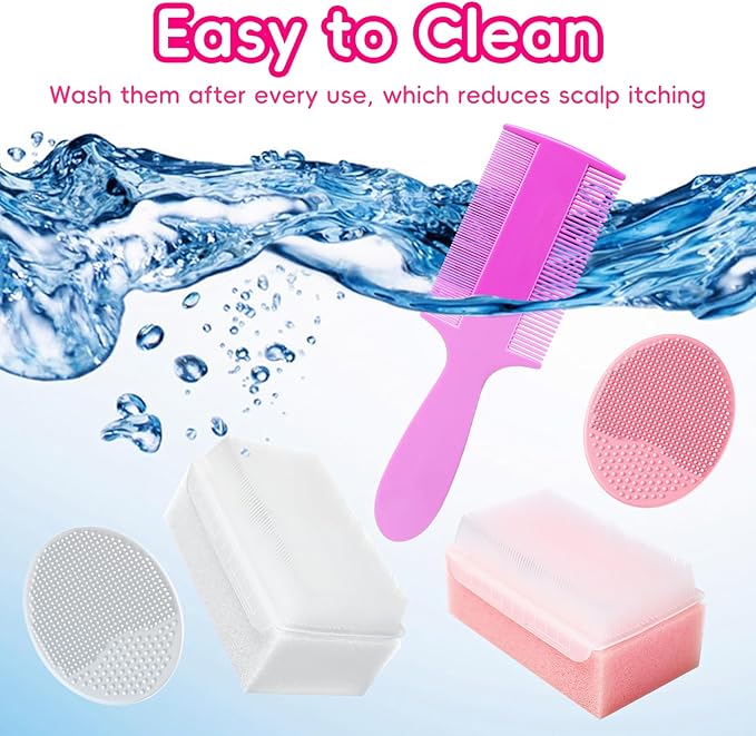 Cradle Cap Brush for Babies, Set of 5 Baby Bath Essentials with Bath Sponge Silicone Scrubber Long Handle Comb for Newborns Toddlers Boys Girls (Pink)