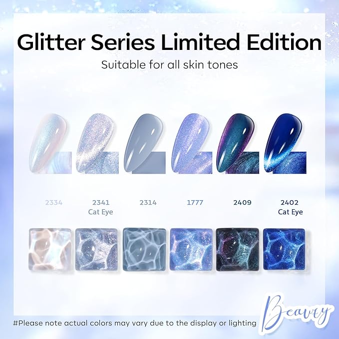modelones Gel Nail Polish Set, 6 Colors Winter Icy Blue Collection Glitter Gel Polish Galaxy White Dark Blue 9D Cat Eye Nail Polish with Magnet Soak Off Led Nail Art Kit Salon DIY Gift