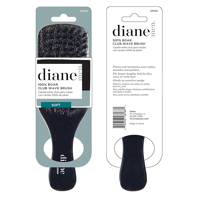 Diane 100% Boar Bristle Club Brush for Waves and Smoothing - Fine to Medium Hair Detangler for Men and Women, Shine Restorer, Soft on Scalp