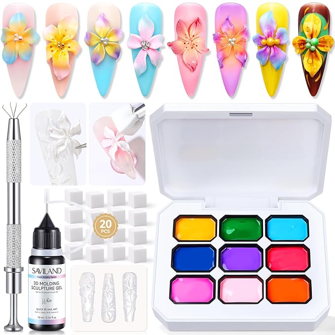 SAVILAND 3D Patting Gel Polish Kit: 9 Colors Pat Gel Polish Palette No-Wipe Blooming Gels Nail Polish 3D Nails Sculpting Gels with Flowers Shape Silicone Mold Sponges for Ombre Aura Nails Art DIY