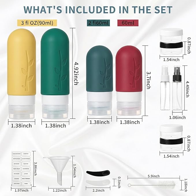 Travel Bottles Kit (16 Pack) - TSA Approved, Leak Proof Silicone Squeezable Containers for Toiletries. Complete Set with Jars, Sprayers & Bag (Wine Red)