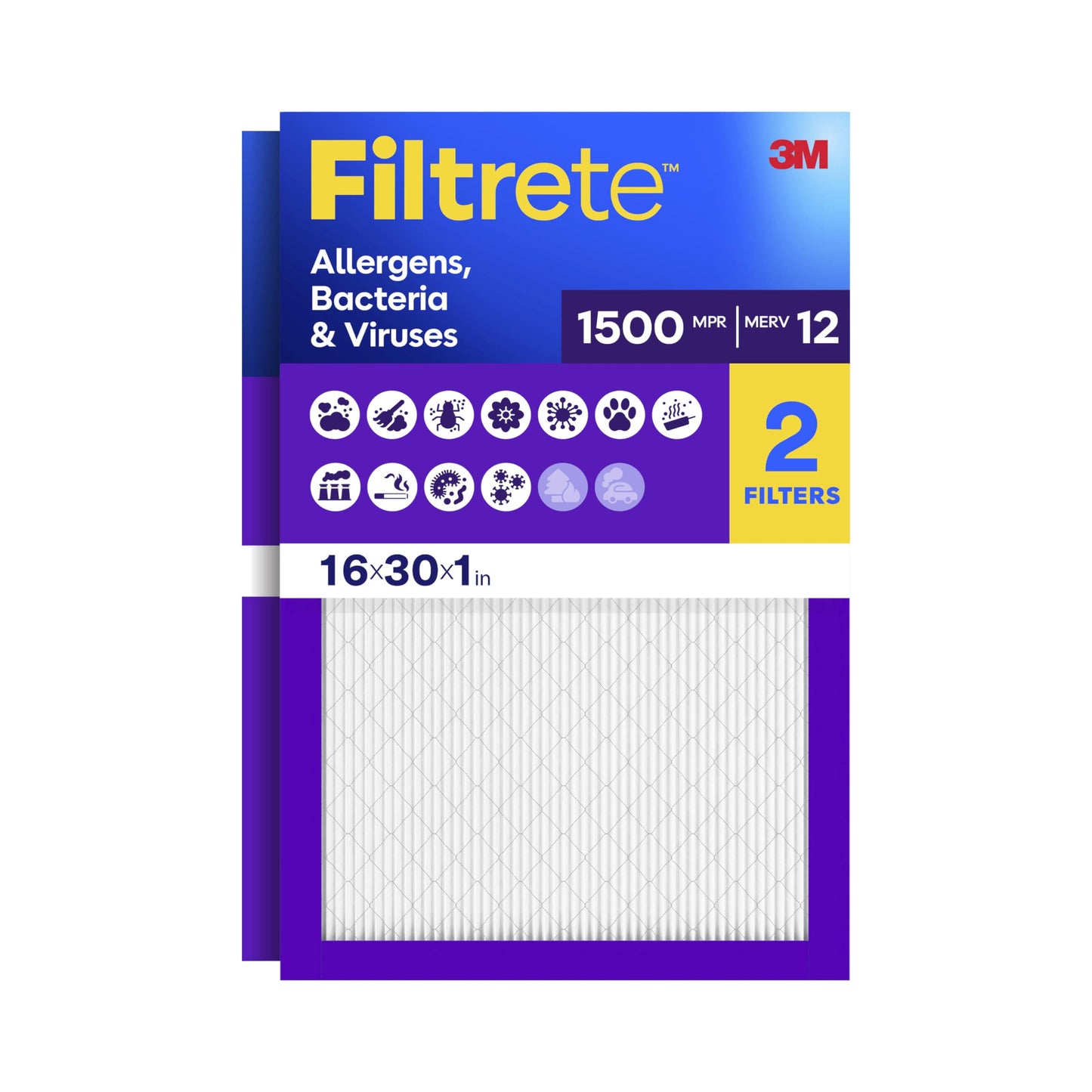 Filtrete 16x30x1 Air Filter, MERV 12, MPR 1500, Allergens, Bacteria & Viruses, 3-Month AC and Furnace Filters, Cleaner Air, Reliable Airflow, 2 HVAC Filters (Actual Size 15.81 x 29.81 x 0.78 in)