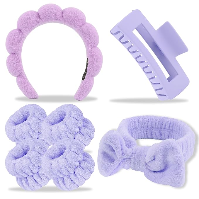 Canitor Spa Headband Wrist Bands Hair Clips Set Skincare Makeup Self Skin Care for Women Washing Face Teens Teenager Tween Clean Girl Gifts Cute Trendy Stuff Things Purple Stocking Stuffers