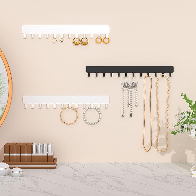 Necklace Holder - Hanging Jewelry Organizer, Self-Adhesive, Wall Mount, 2 Pack, White