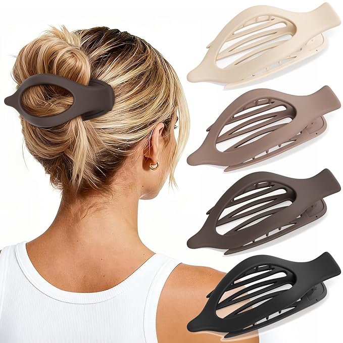 4 PCS Large Flat Hair Clips for Women Girls, French Concord Lay Down Flat Claw Clips for Thick Thin Hair, Comfortable Curved Flat Hair Clip, Matte Non-slip Strong Hold Hair Accessories, Brown