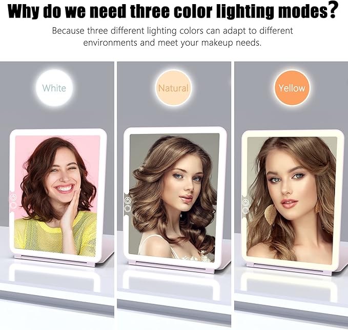 WEILY Makeup Mirror with Lights, 2000 mAh USB Rechargeable Lighted Makeup Mirror, Touch Screen 3 Colors Adjustable 72 LED Lights Compact Travel Mirror, Gift for Girls Women (Pink)