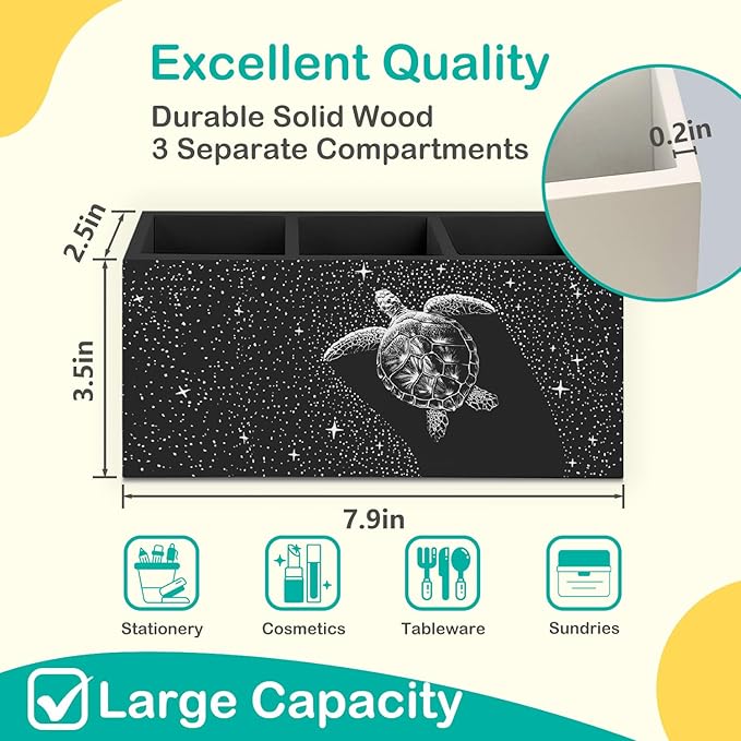 Turtle Beach Pen Pencil Holder for Desk Accessories, Dark Starry Night Animal Coastal Wooden Box Decorative Sign for Home Office Desk Tabletop Decor