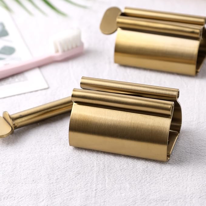 LOVEINUSA Toothpaste Tube Squeezer Dispenser, 2PCS Toothpaste Roller Squeezer Tool Stainless Steel Tooth Paste Holder for Bathroom, Matt Gold