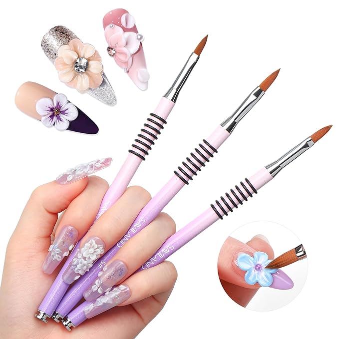 SAVILAND 3D Acrylic Nail Art Brush Set: 3Pcs Professional Kolinsky Sculpture Brushes Sizes 2/4/5 Purple-Pink Gradient Non-Slip Grip Handle for Acrylic Application 3D Flower Designs Home DIY