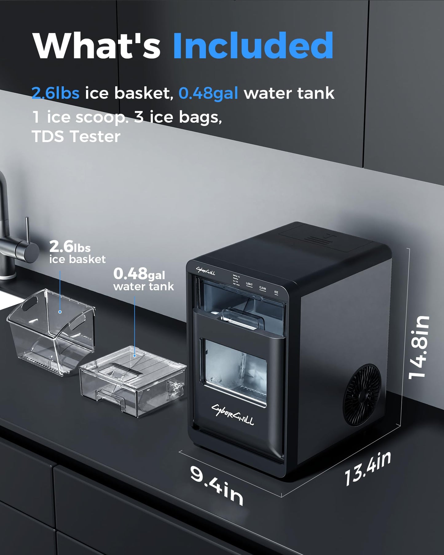 CyberChill Nugget Ice Maker Countertop 44lbs Per Day Pebble Sonic Ice Makers Machine Chewable Pellet Ice with Self-Cleaning Removable Water Tank See Through Window for Home/Kitchen/Office