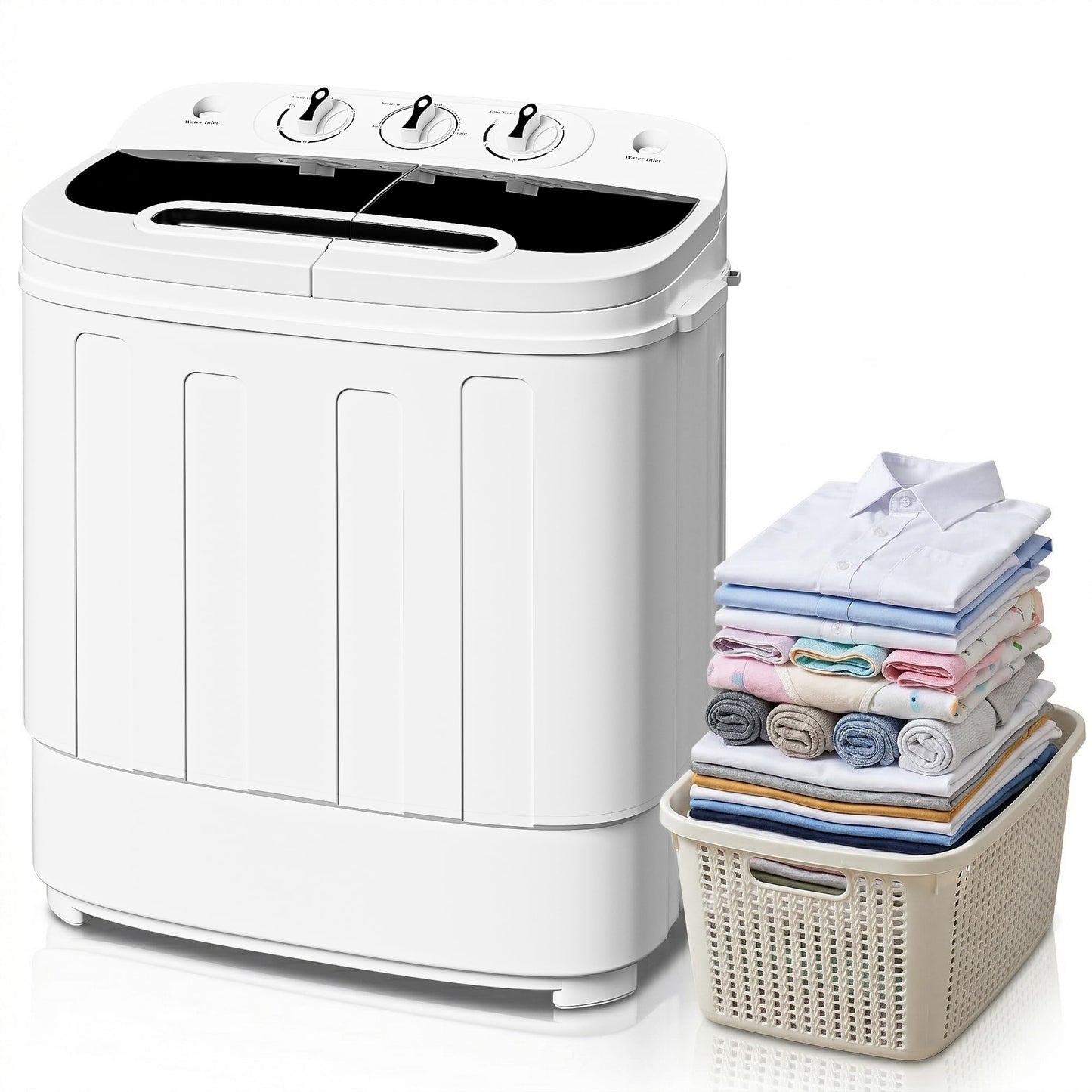 SUPER DEAL Compact Mini Twin Tub Washing Machine 13lbs Capacity Portable Washer Wash and Spin Cycle Combo, Built-in Gravity Drain for Camping, Apartments, Dorms, College, RV’s and Small Spaces