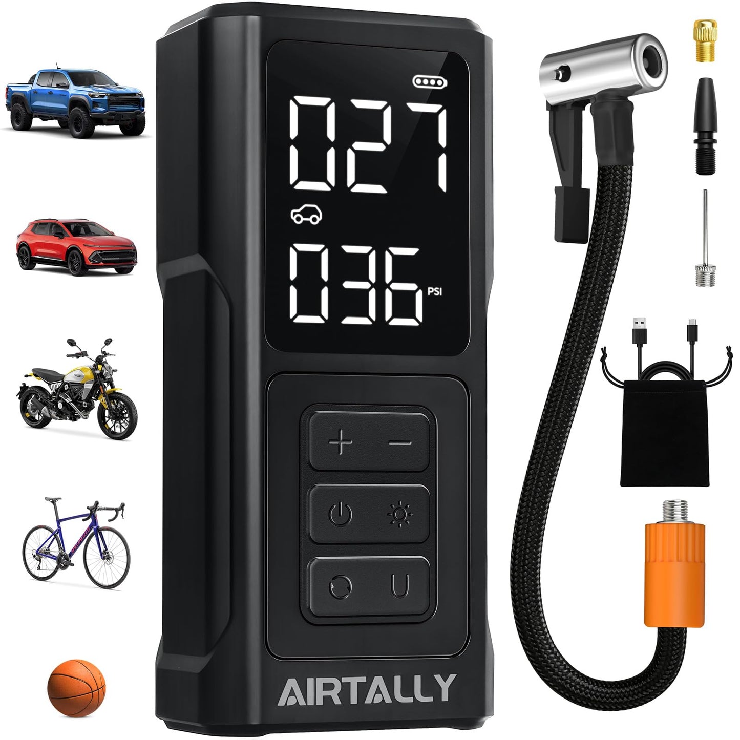 Tire Inflator Portable Air Compressor - 5200mAh 150PSI Quickly Inflate Portable Air Pump for Car Tires/Bike/Basketball with LED Large Dual Screen, Pressure Gauge & Auto Shut-Off