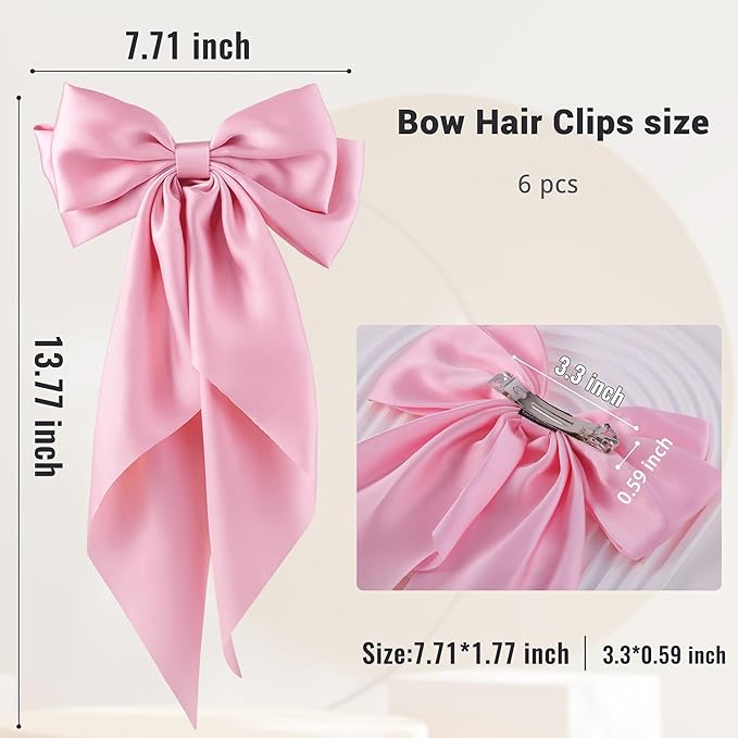 6Pcs Large Bows Hair Clips for Women Girls Long Tail Hair Ribbon Silky Satin Barrettes Coquette Bows Accessories (Pink)