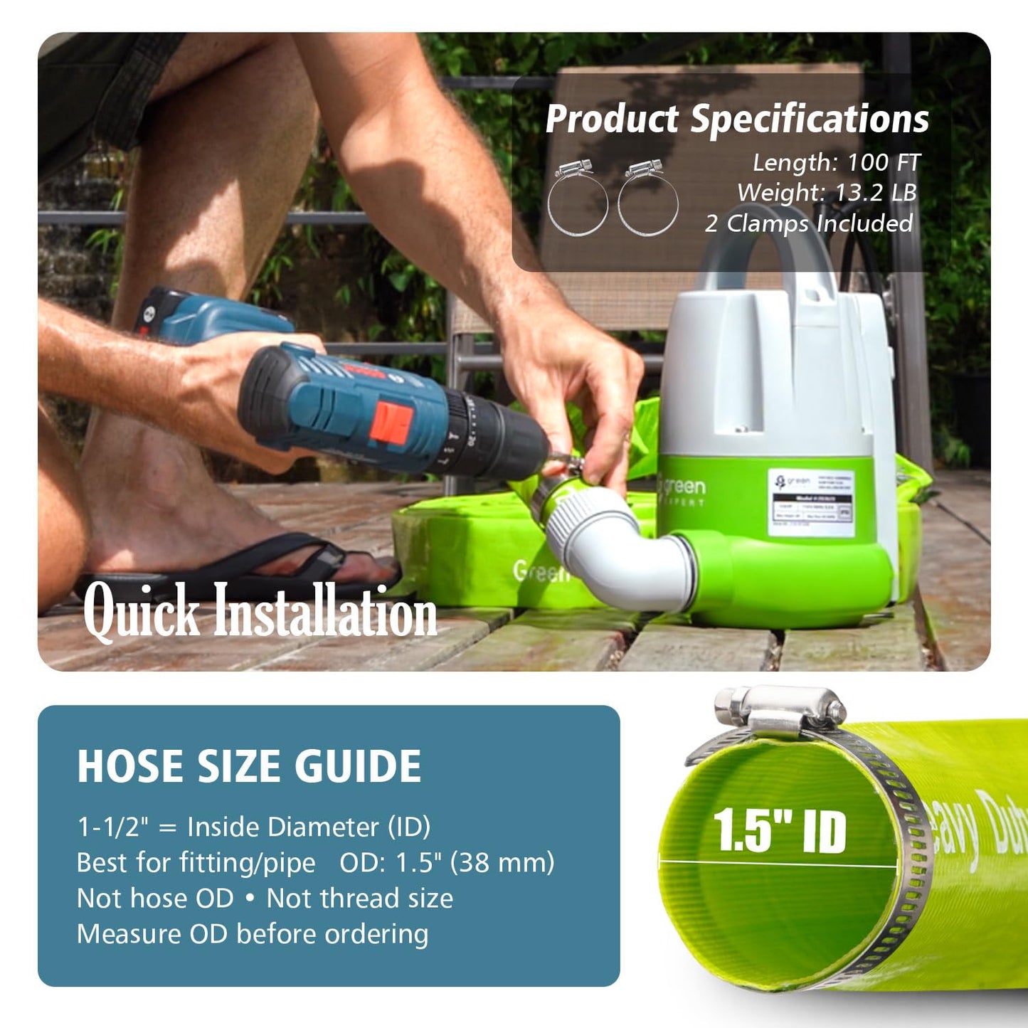Green Expert 1-1/2" ID PVC Lay-Flat Discharge Hose, Sump Pump Accessory, 100FT Heavy-Duty Pool Backwash & Water Transfer Hose, Steel Clamp Kit Included