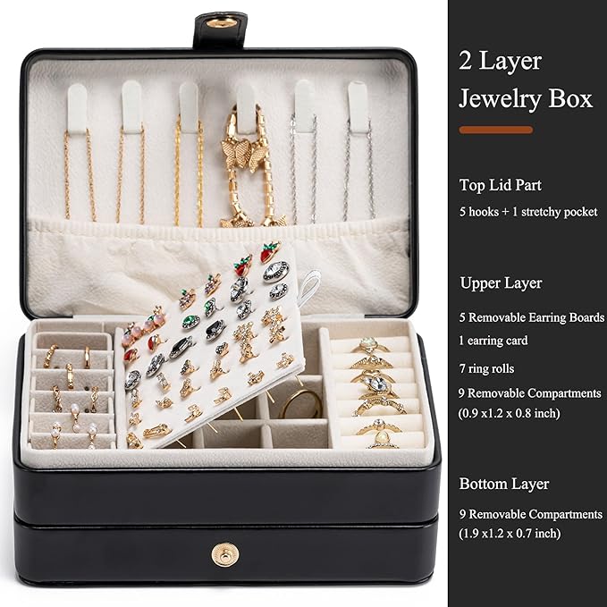 MODENGKONGJIAN Jewelry Organizer Box, 2-Layer Large Jewelry Storage Case, Portable Travel Jewelrys Display Holder for Earrings, Necklaces, Bracelets (Black, PU Leather)
