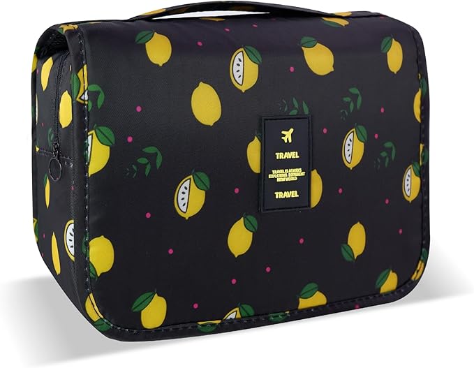 Large Capacity Toiletry Bag Travel Bag with Hanging Hook for Men and Women Waterproof Travel Cosmetic Bag Bathroom Storage Bag for Brushes Set,Full-Sized Shampoo,Accessories-Black Lemon