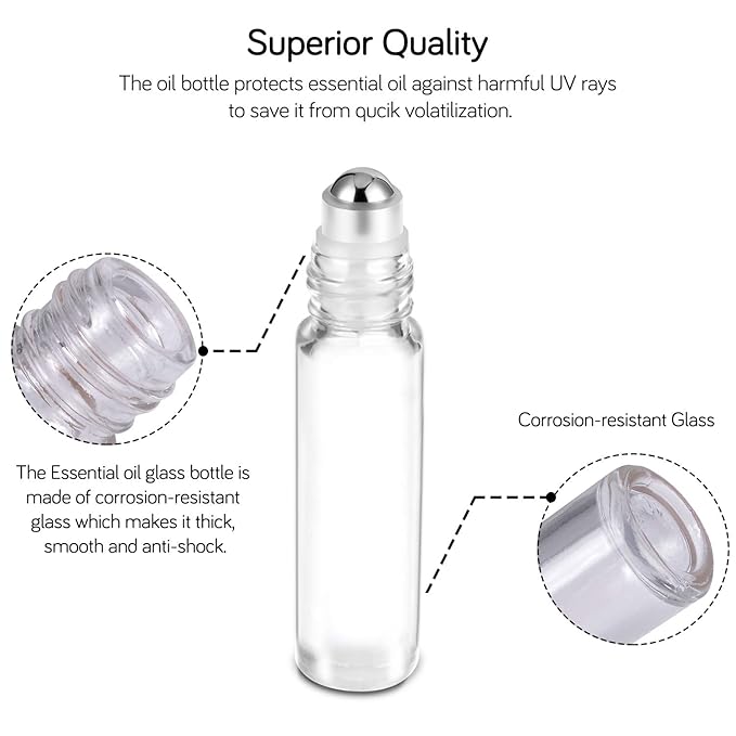 Essential Oil Roller Bottles 10ml ( Clear Glass Bottle with Bamboo Lid, 12 Pack, 2 Extra Stainless Steel Balls, 24 Labels, 1 Opener, 1 Funnel, 2 Droppers ) Roller Balls for Oils, Roller on Bottles