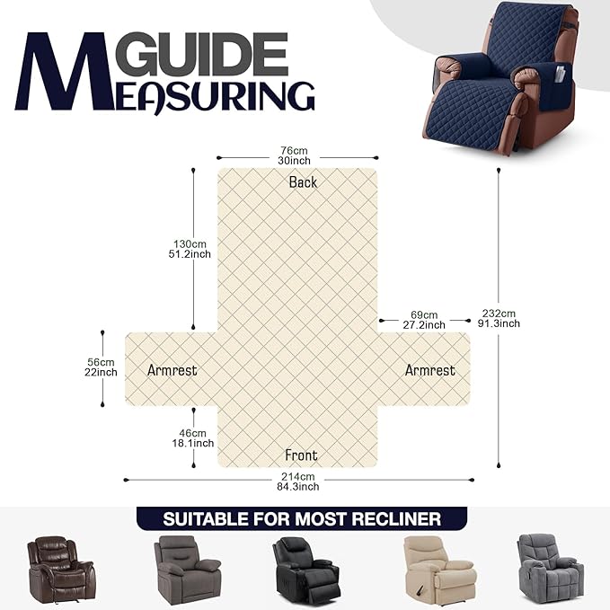 KinCam 100% Waterproof Recliner Chair Cover, Reclining Couch Covers for Pets, Dogs, Recliner Couch Slipcover Furniture Protector with Elastic Straps for Kids(30", Dark Blue)