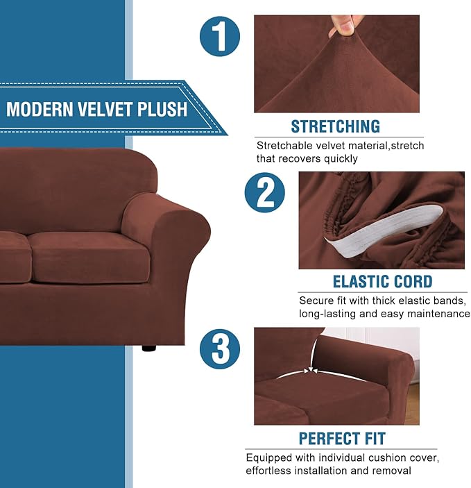 H.VERSAILTEX Rich Velvet Stretch 2 Piece Cover Chair Slipcover Sofa Cover Furniture Protector Couch Soft with Elastic Bottom Chair Couch Cover Width Up to 49 Inch (Chair, Burnt Brick)