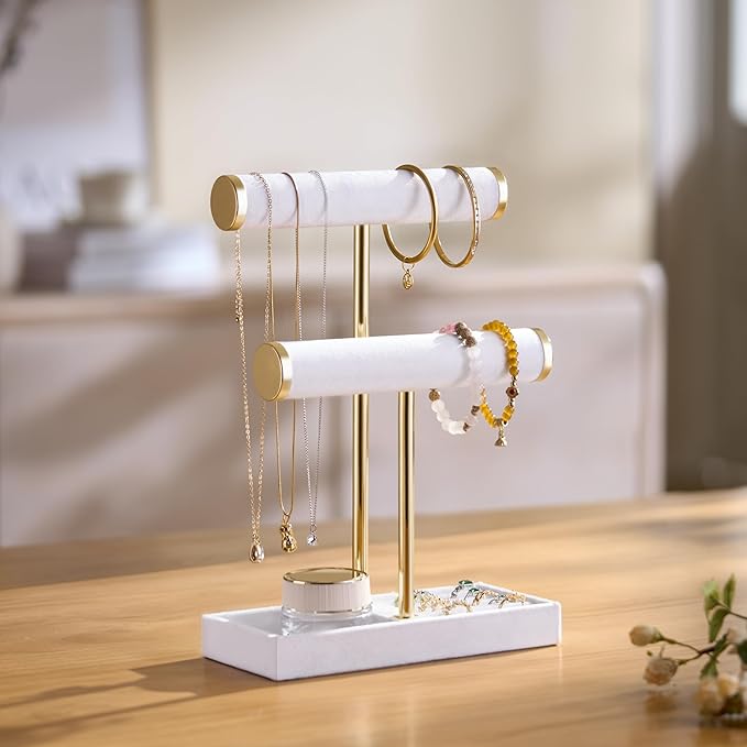 2 Tier Bracelet Holder Display - Detachable T Bar White Velvet Bracelet Holder, Jewelry Holder Organizer for Bracelet, Necklace, Earrings, Rings