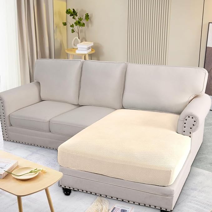 H.VERSAILTEX Super Stretch Individual Chaise Cover Sectional Couch Covers for L Shaped Sofa Both Left/Right Featuring Thick Jacquard Textured Twill Fabric (1 Piece Chaise Cover, Cream)