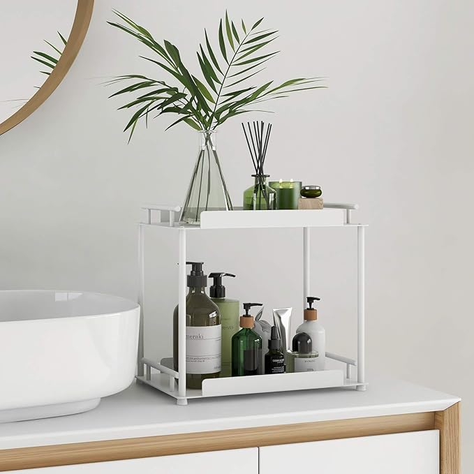 FLE Bathroom Organizer Countertop,Counter Decorative Tray Cosmetic Organizer,Countertop Storage Shelf for Bathroom, Kitchen, Living Room, Bedroom, Dressing Table (2 Tier-White)
