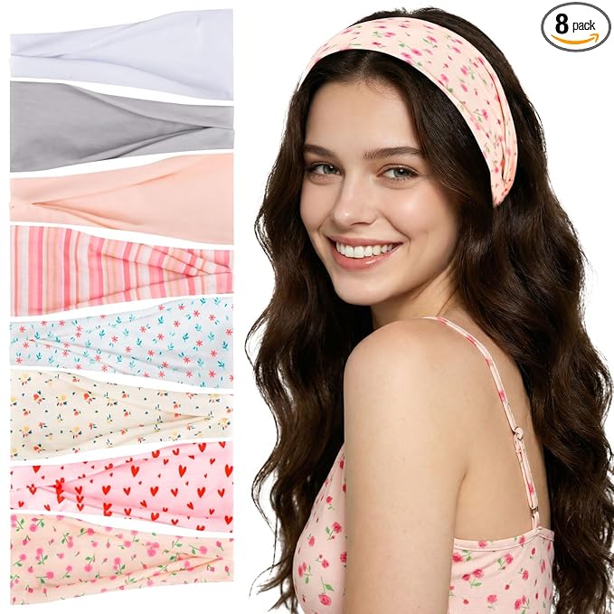 obeoby 8 Pack Pink Cute Headbands for Girls Daughter, Floral Stripe Headbands for New Moms Gifts Spring Summer Outfit Non Slip Wide Headband