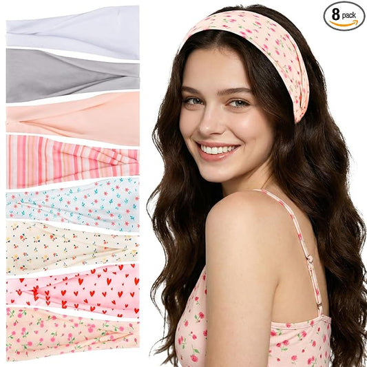 obeoby 8 Pack Pink Cute Headbands for Girls Daughter, Floral Stripe Headbands for New Moms Gifts Spring Summer Outfit Non Slip Wide Headband