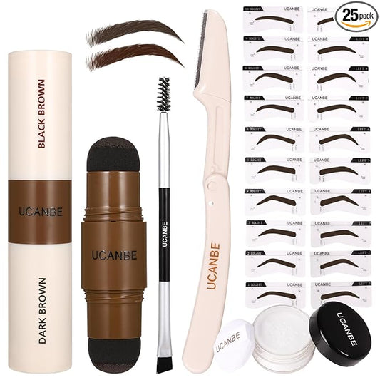 UCANBE 25PCS Eyebrow Stamp Stencil Kit With Dual-Color Eyebrow Stamp Pomade,20 Reusable Eyebrow Stencils,Finising Powder,Brush,Eyebrow Razor,Zipper Pouch,Waterproof Eye Brow Stamping and Shaping Kit04