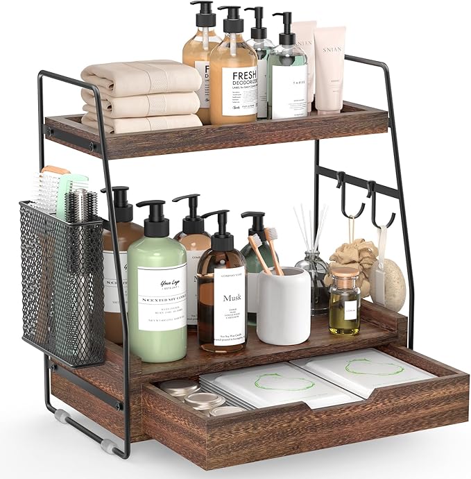 2-Tier Bathroom Counter Organizer with Drawer & Removable Basket, Wood & Metal Vanity Organizer for Skincare, Makeup, Perfume, Toiletries, Small Bathroom Counter Shelf, 13'' Rustic