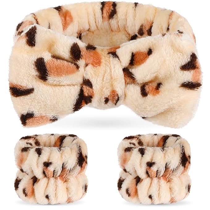 Hanaive Headbands for Women for Washing Face Spa Headband and Wristbands, Makeup Headband for Washing Face, Soft Facial Makeup Head Band, Shower Skin Care Hair Supplies(Leopard)