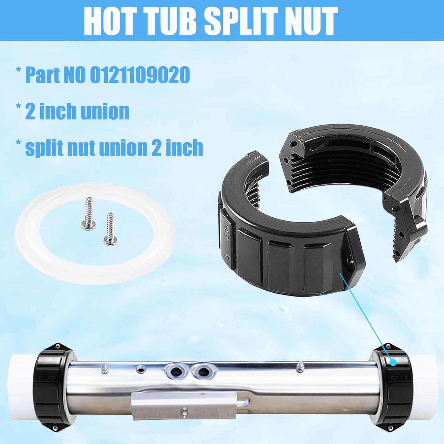 2" Spa Hot Tub Heater Split Nut Unions with Screws and Heater Gasket, Compatible with Balboa Gecko Hot Tub Heater Assemblies Replacement Parts, Replacement for 0121109020 Split Heater Nuts - 2 Pcs