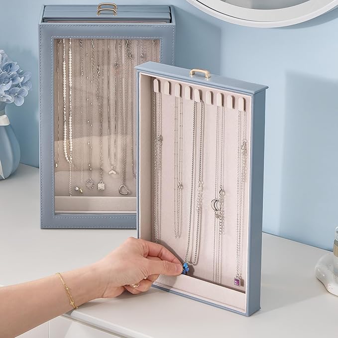 Lolalet Necklace Organizer Box, Jewelry Storage Box with Clear Window for Necklaces Bracelets, Tangle-Free Necklace Display Case for Women Girls -Dusty Blue, 3 Layers 30 Hooks